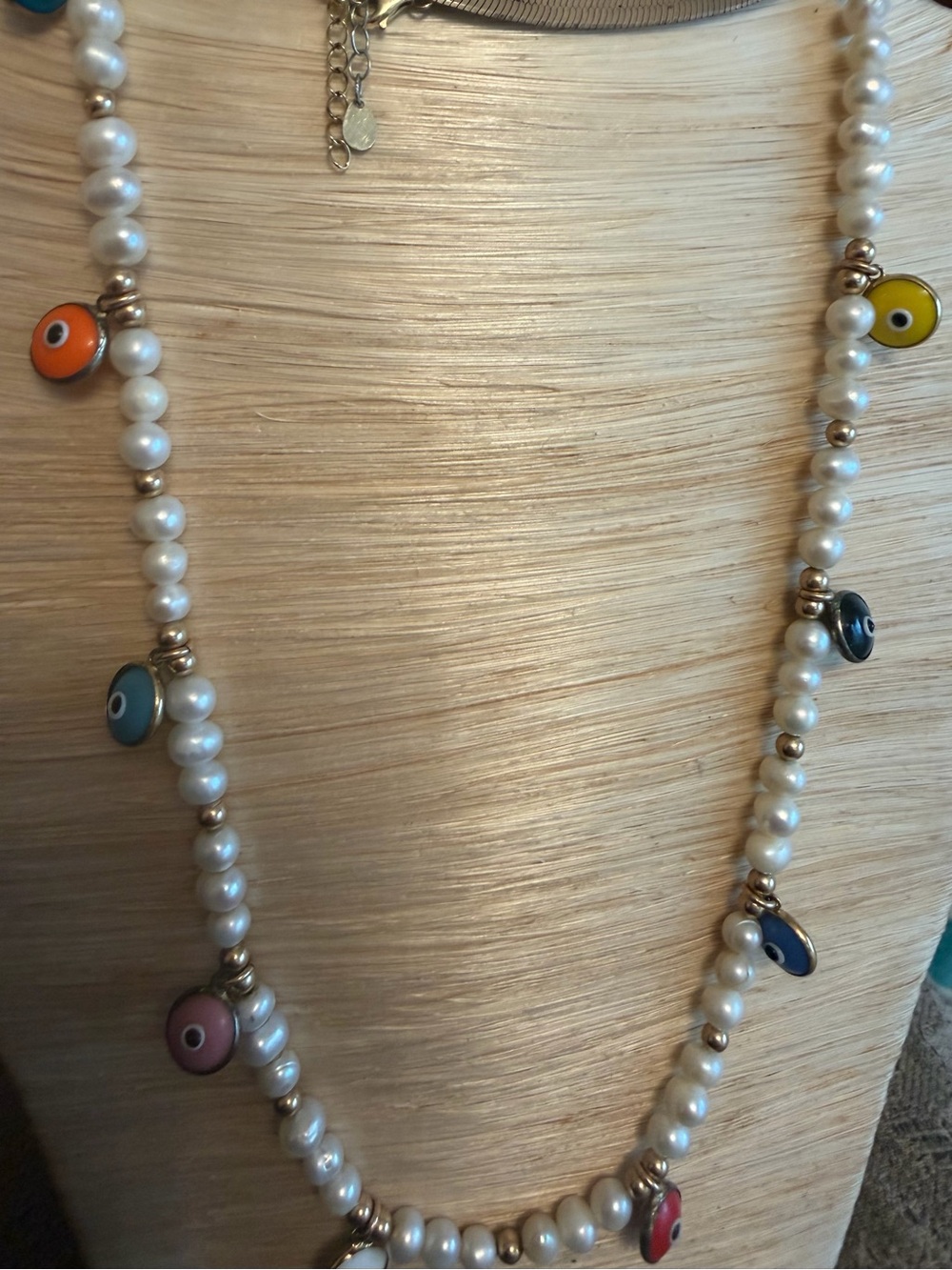 Freshwater Pearl&gold Bead Necklace with Multicolor Evil Eye Charms. Custom